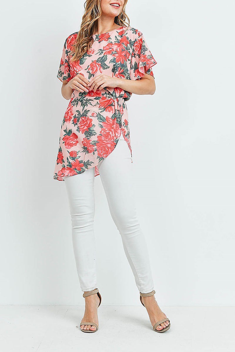 Flutter sleeve floral print pleated detail tunic top (ED9185)