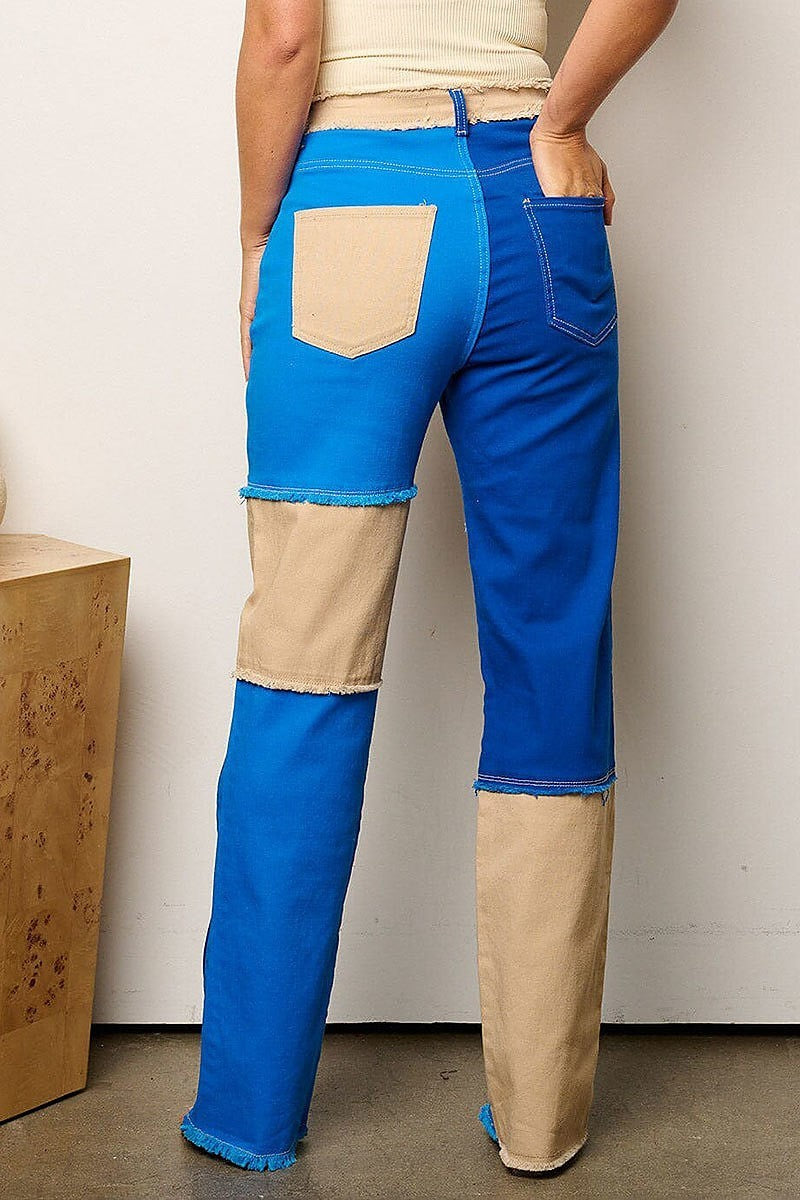 Button closure colorblock denim pants (EFWT8029)