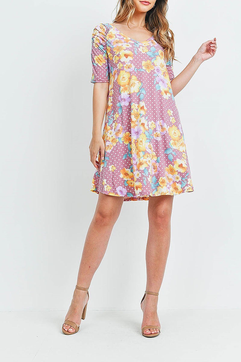 Ruched detail floral polka dot v neck dress (DED6275)