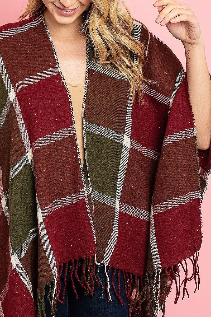 Fringe plaid poncho sweater (DGS4927)