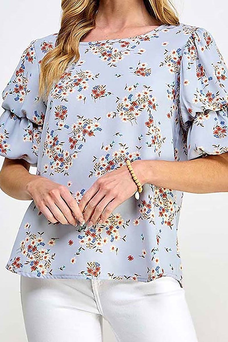 Layered puff sleeve woven floral blouse (EF5830)