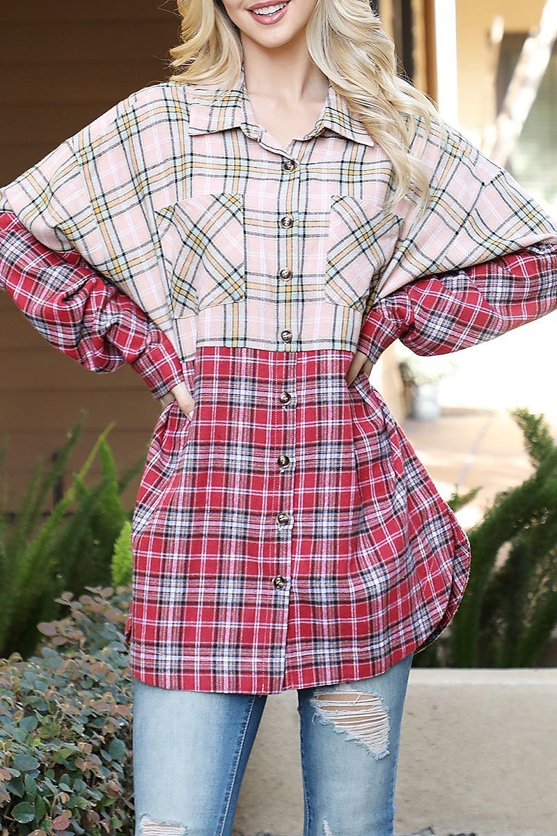 Puff long sleeve plaid contrast top (EF6958)