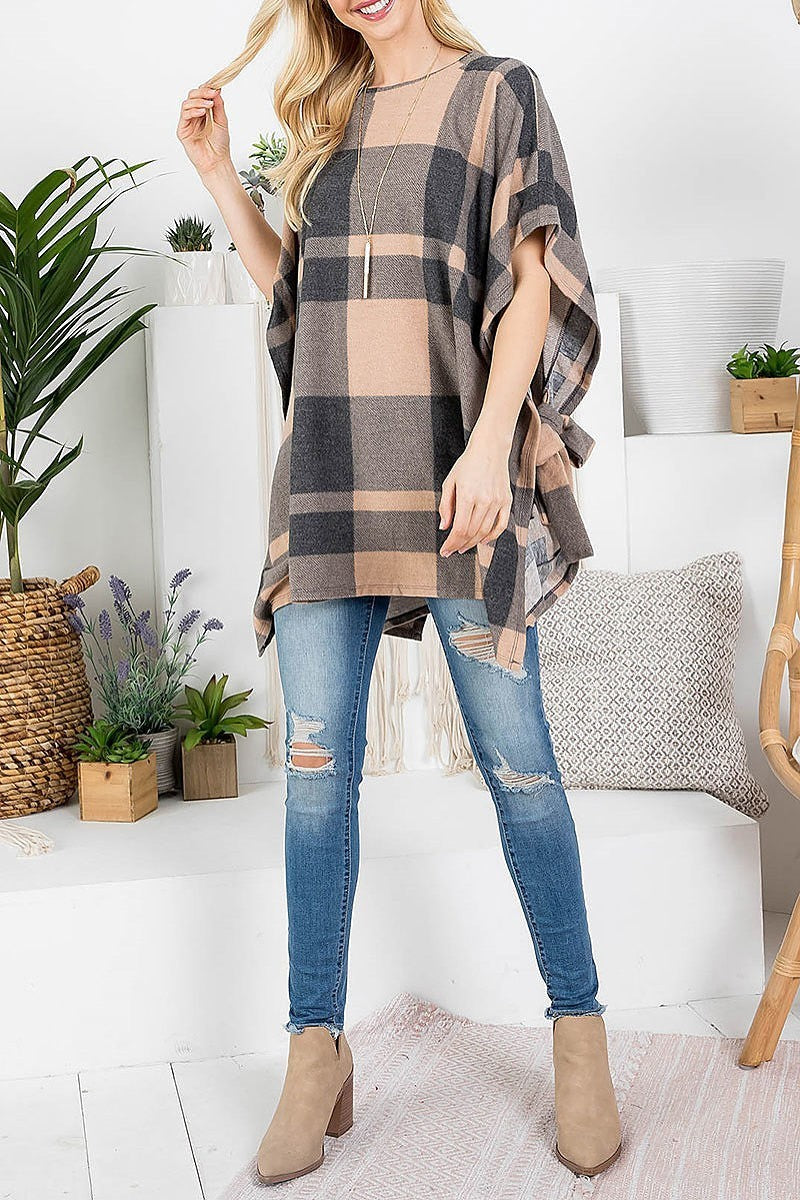 Crew neck plaid kimono poncho (EF2827)