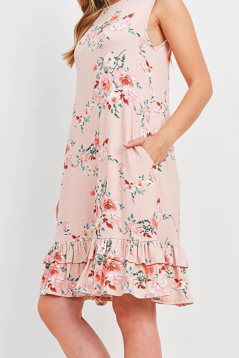 Sleeveless ruffle hem floral print pocket dress (DED6391)