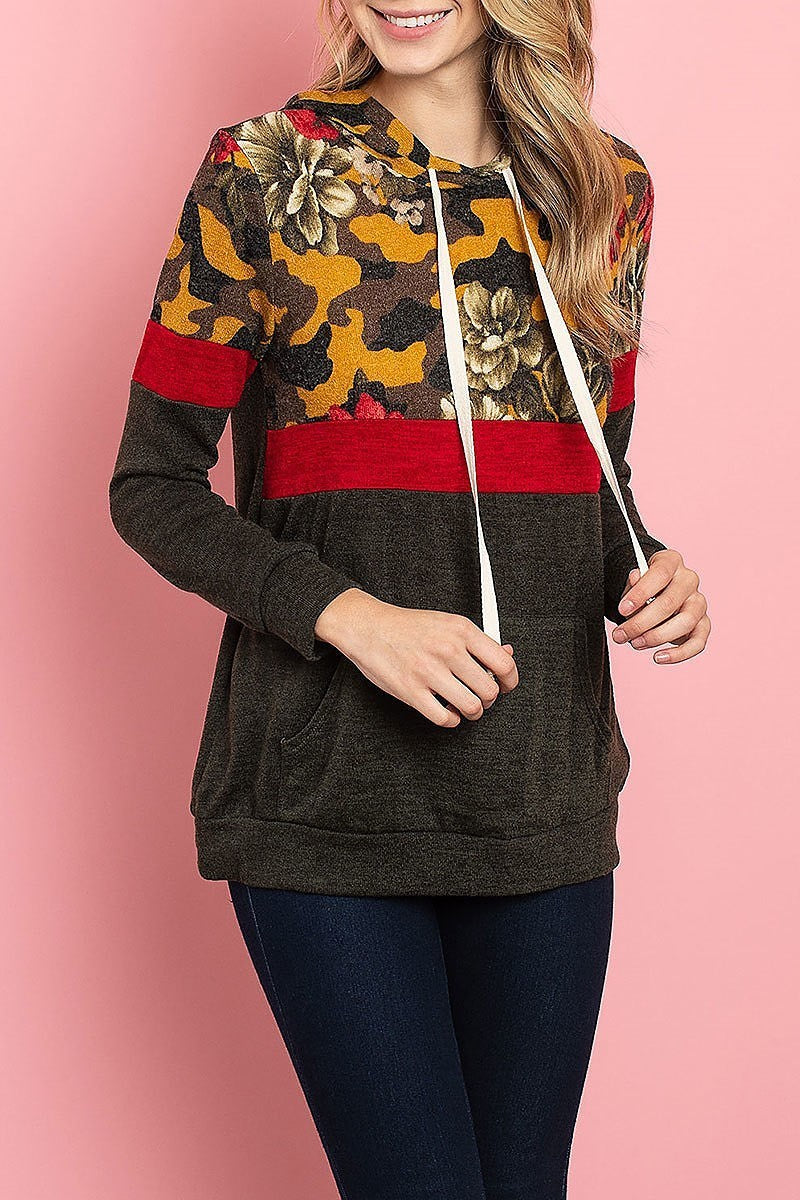 Camo floral print color block hoodie top (ED7907-1)