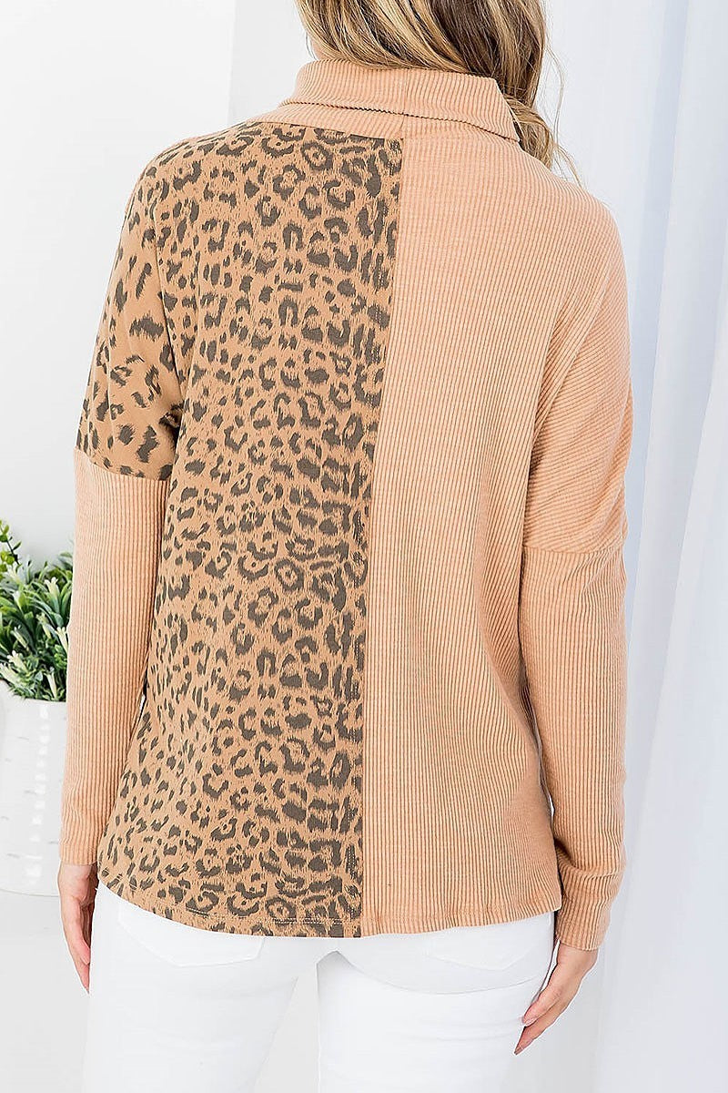 Animal print cowl neck long sleeve ribbed top (DGS5686)