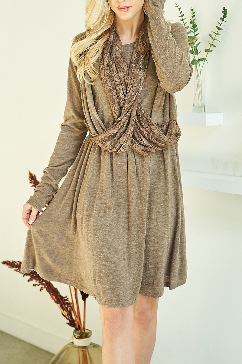 Drape lace front long sleeve ruffled dress (DED7262)