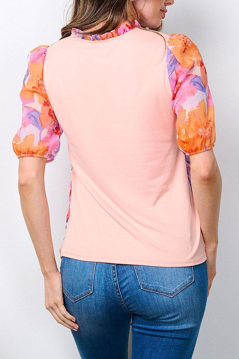 Short sleeve v-neck floral blouse top (EFWT7241)