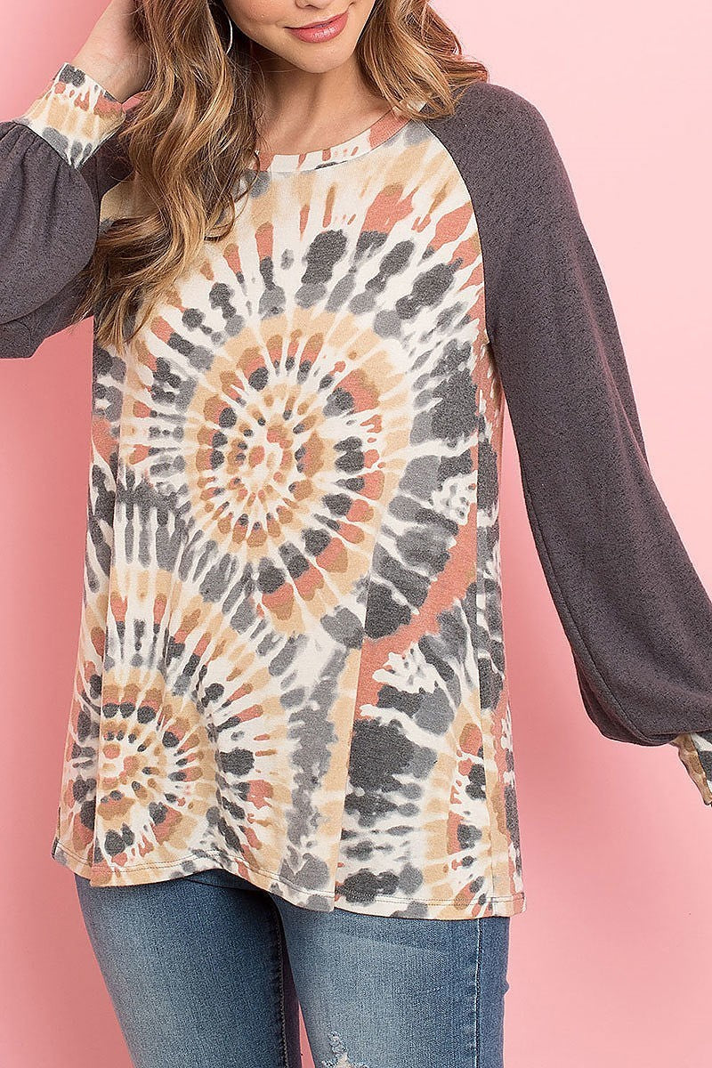 Solid puff sleeves tie dye raglan top (ED8398)