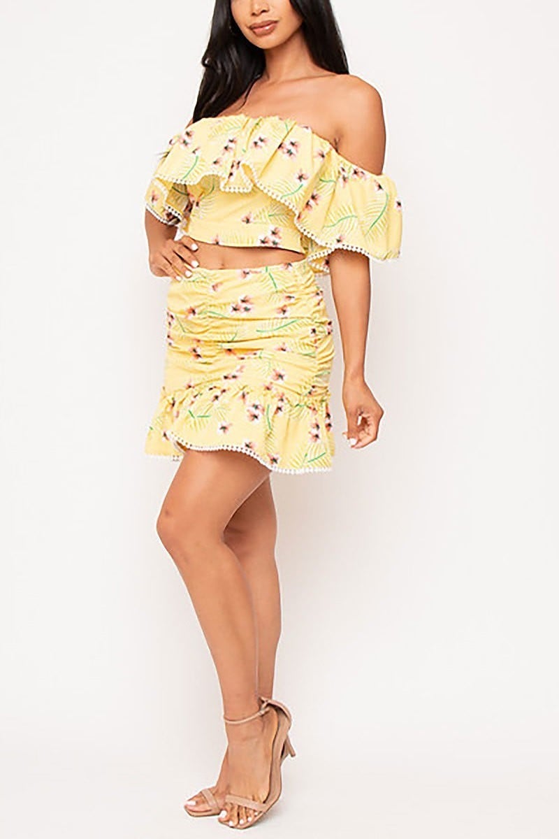 Floral print off shoulder top and skirt set (EDVC2462)