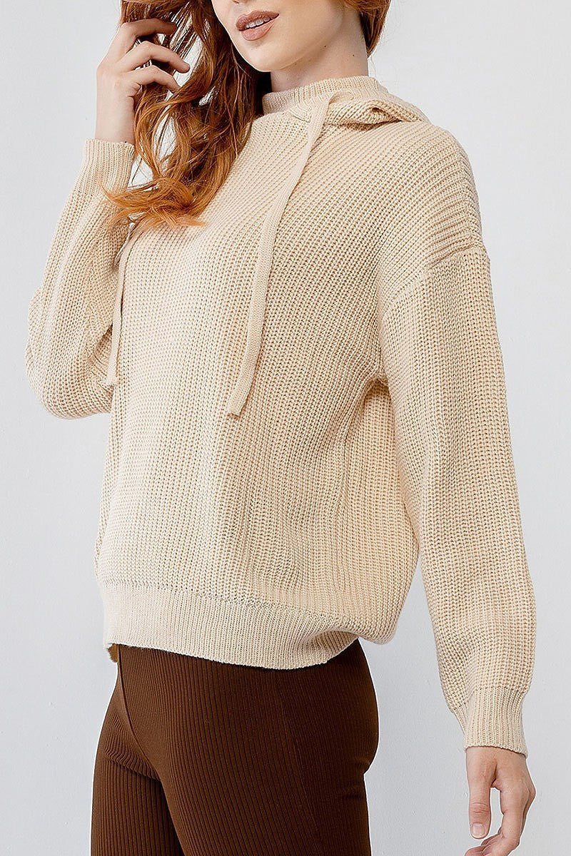 Knit hooded long sleeve relaxed sweater (TDG9927)