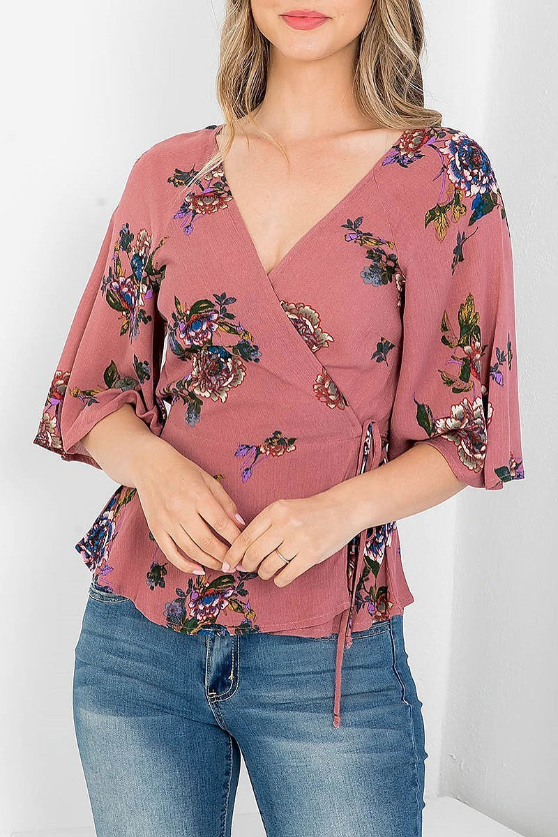 Floral surplice v neck side tie ruffle sleeve top (EF3598)