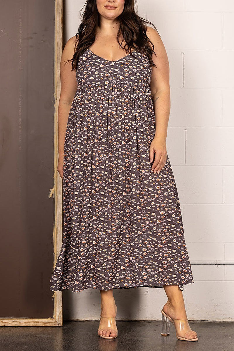 Criss cross floral print plus size maxi dress (EDSW4135)