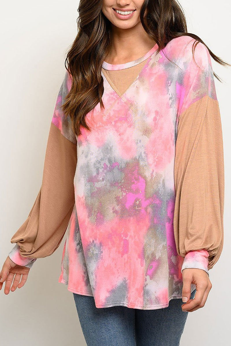 Tie dye bubble sleeve color block top (EDWT2819)