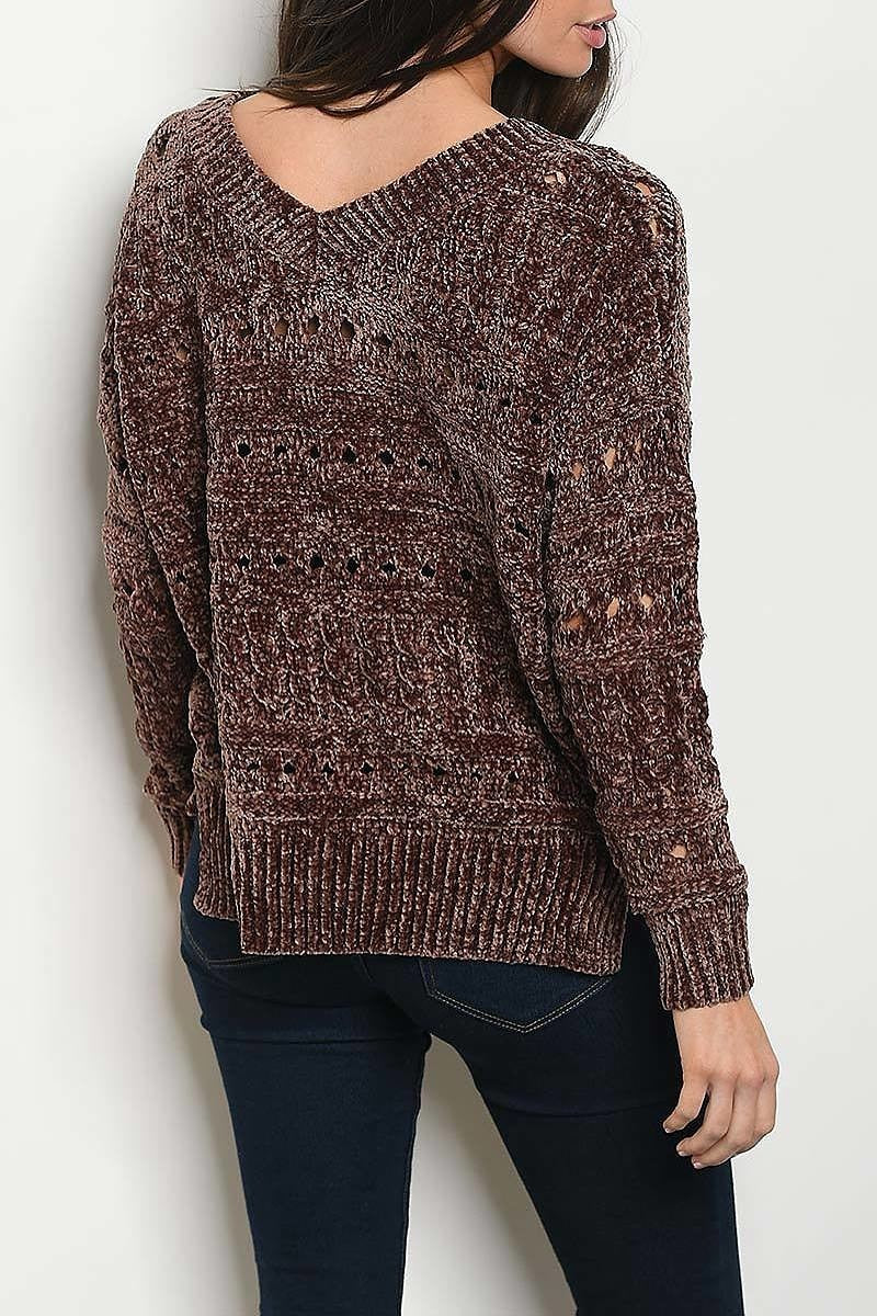 Open detail v neck chenille sweater (DGS4226-1)