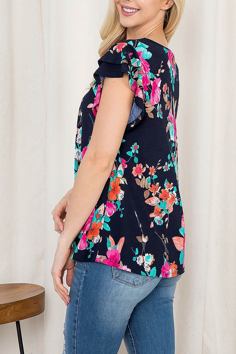 Ruffle sleeve round neck floral top (EF3034)