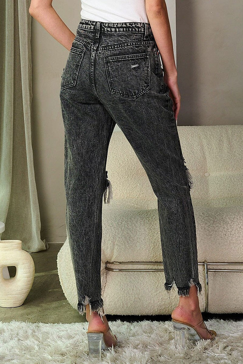 Button closure distress washed denim pants (EFWT9316)