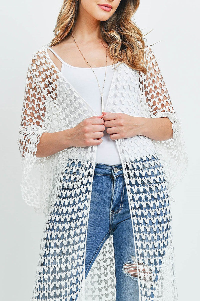 Long line open front crochet sheer kimono top (EF1139)