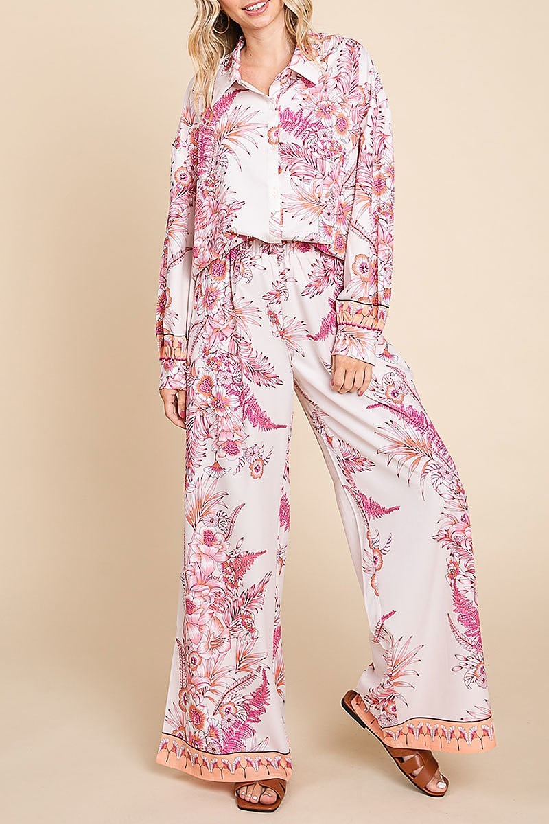 Floral button down shirt and wide leg pants set (EDH1541)