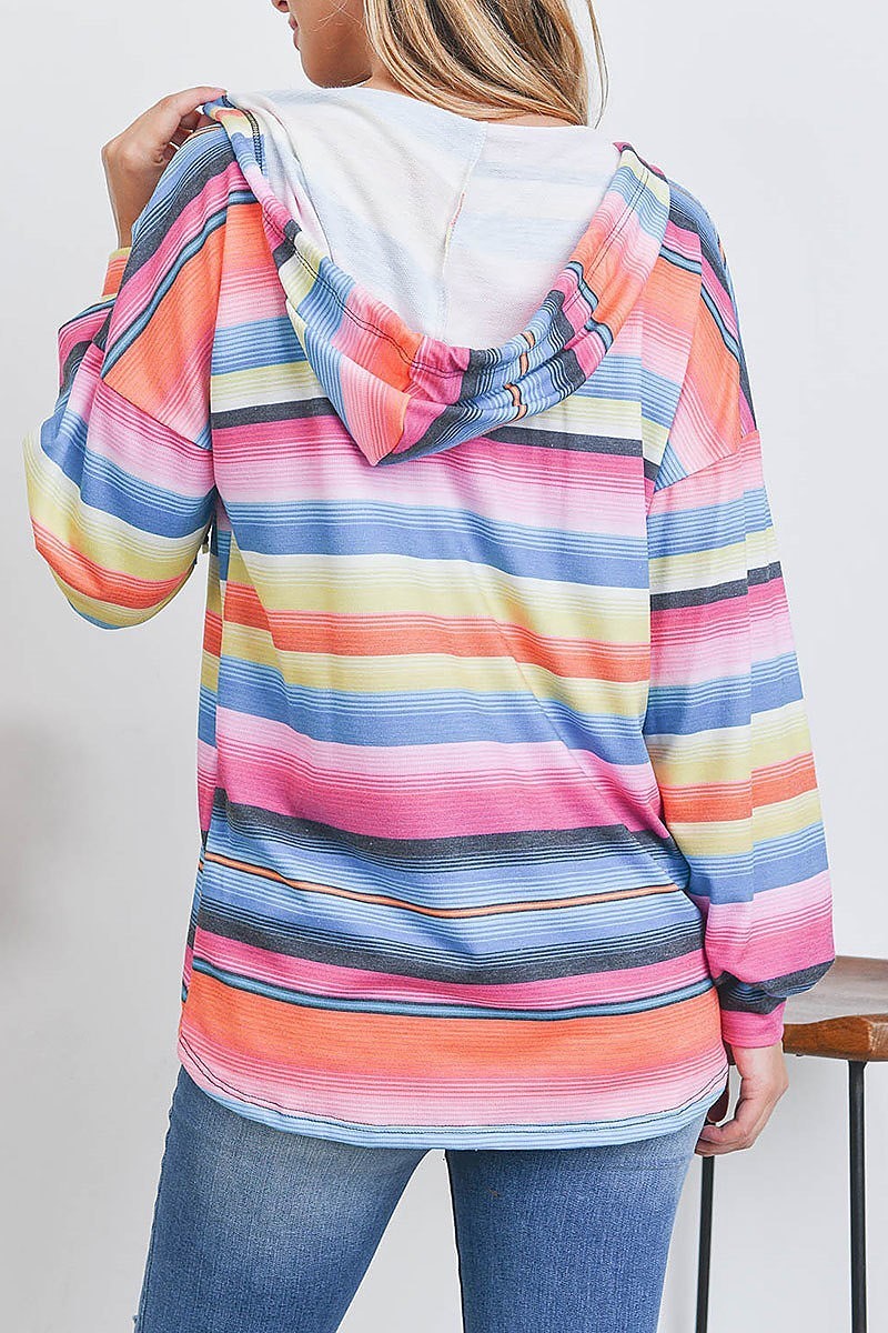 Multi stripe loose fit hoodie top (EF2357)