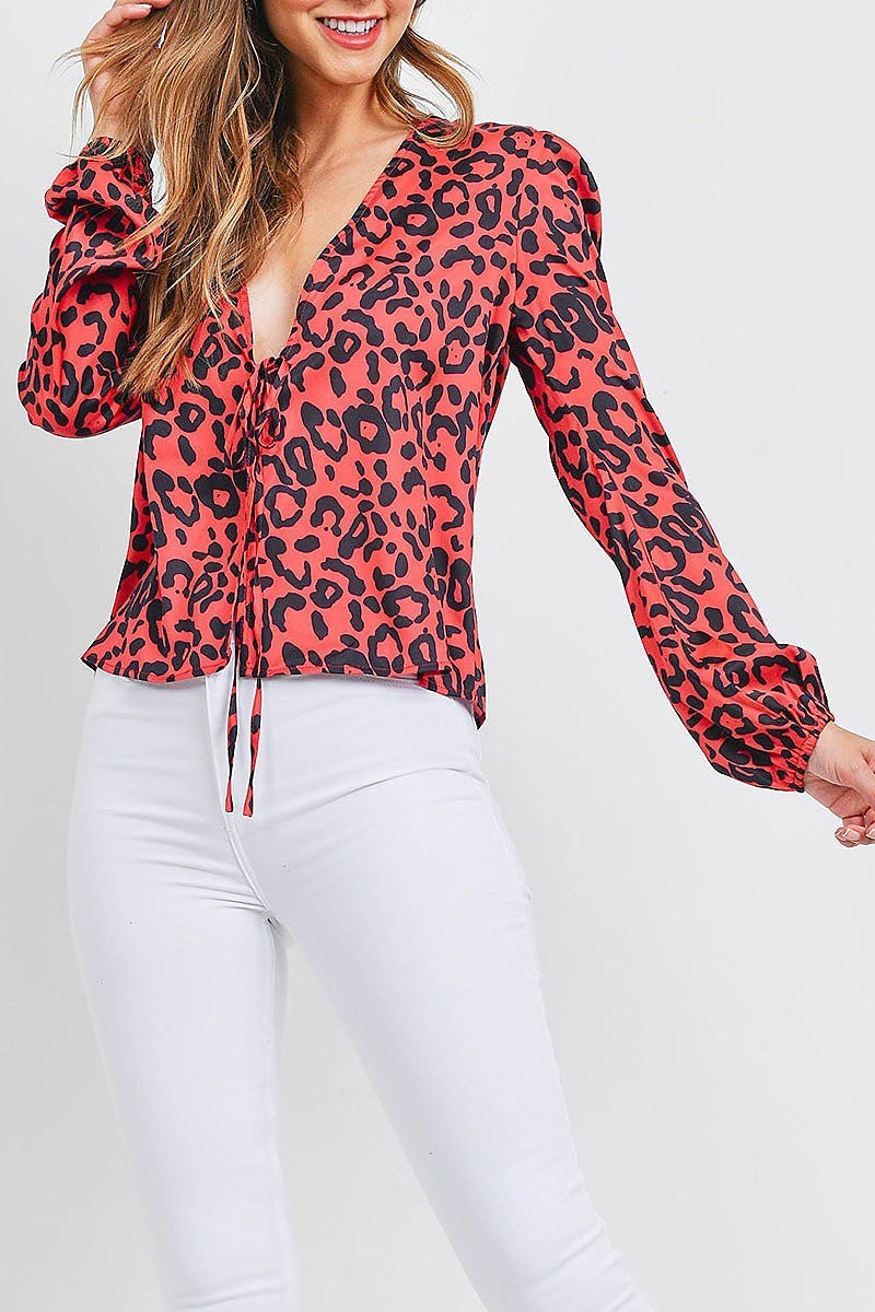 Animal print bubble sleeve v neck top (EF1249)