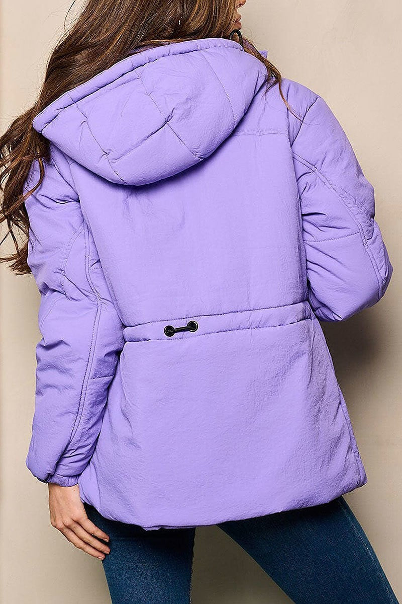 Long sleeve zip up pockets hooded puffer jacket (EFWT4913)