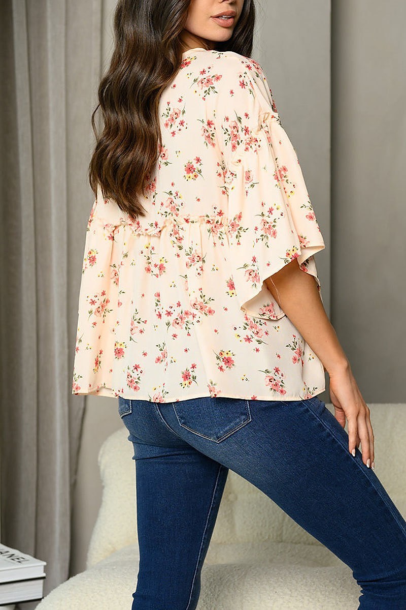 Bell sleeve ruffle floral tunic top (EDWT6856)