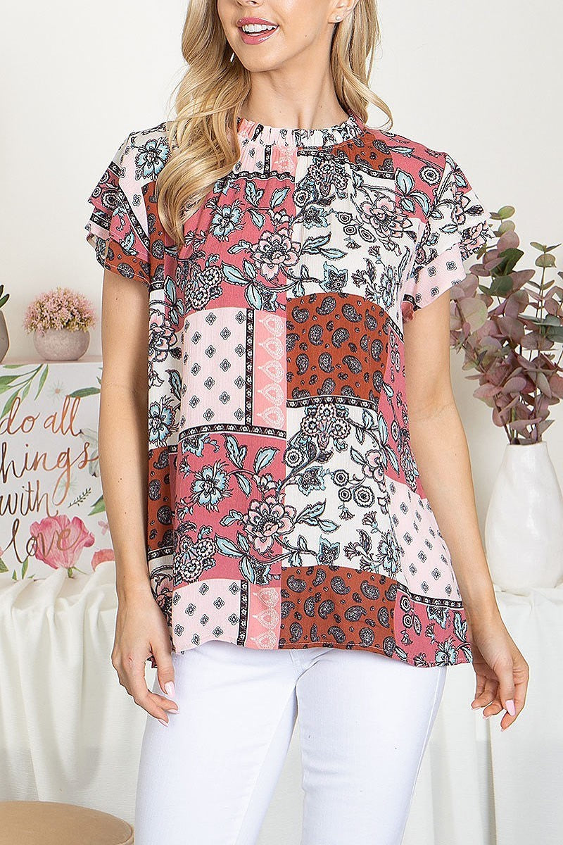 Floral paisley patches ruffle neckline top (EF5671)