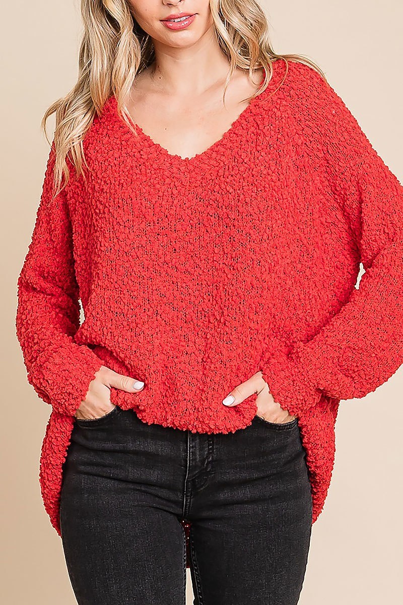 Cozy soft v-neck popcorn sweater (EDH1868)