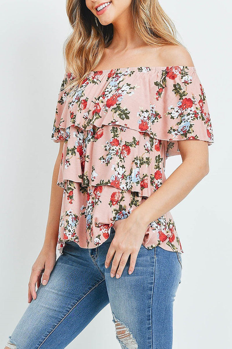 Off shoulder floral ruffle tiered layered top (ED8729-2)