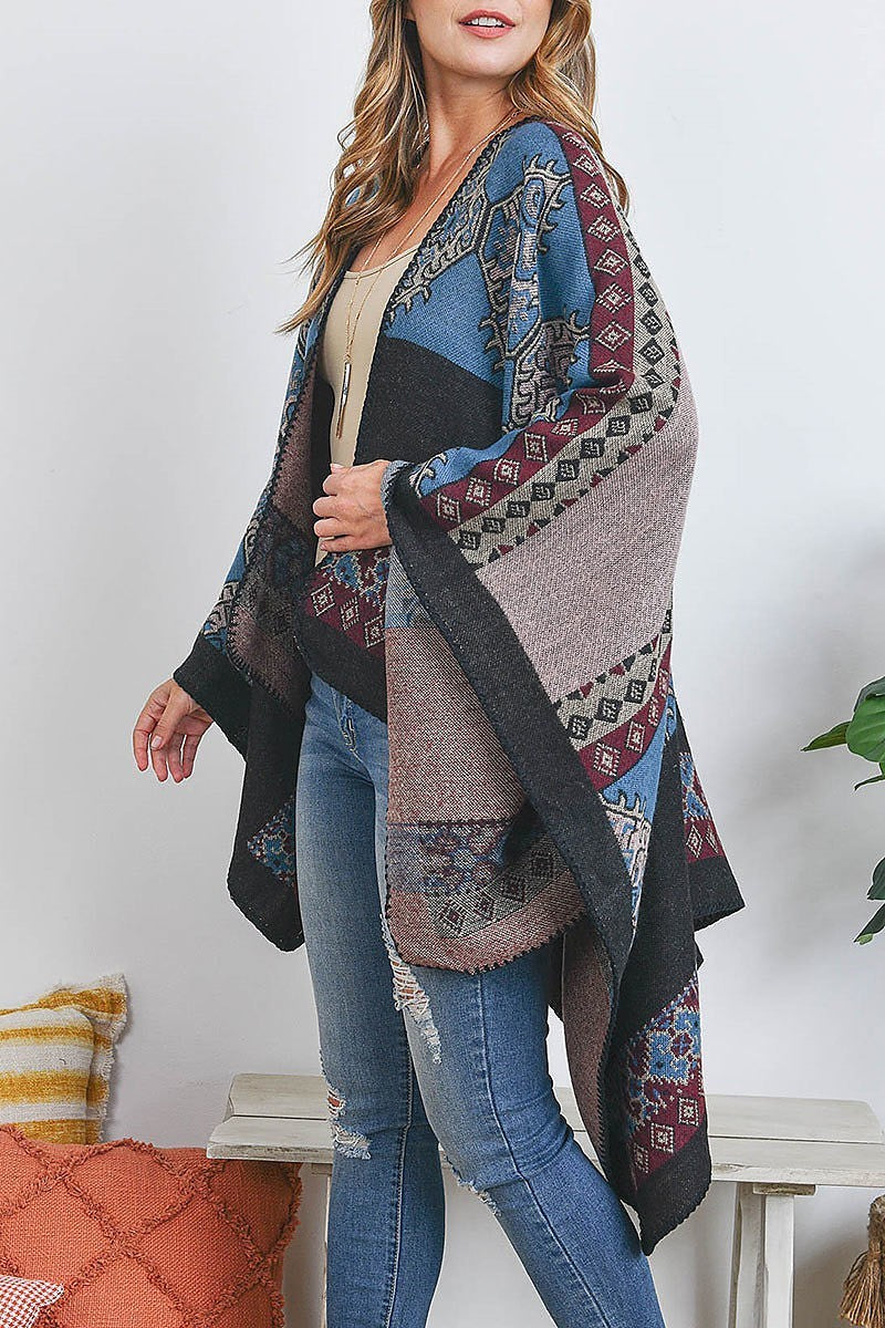 Open front morrocan print ruana wrap kimono (DGS5512)