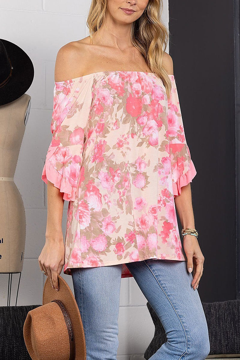 Off shoulder 3/4 ruffled bell sleeves top (EDSW3900)