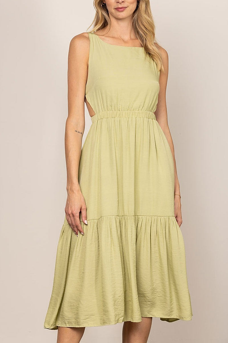 Cut-out waist open back ruffled hem midi dress (EDSW4281)