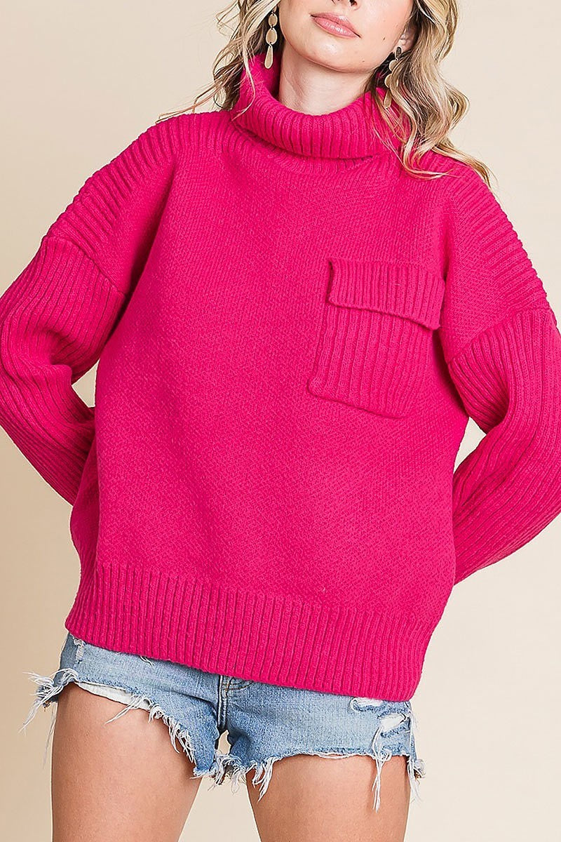 Oversized ribbed knit sweater w/ chest pocket (EDH1929-2)