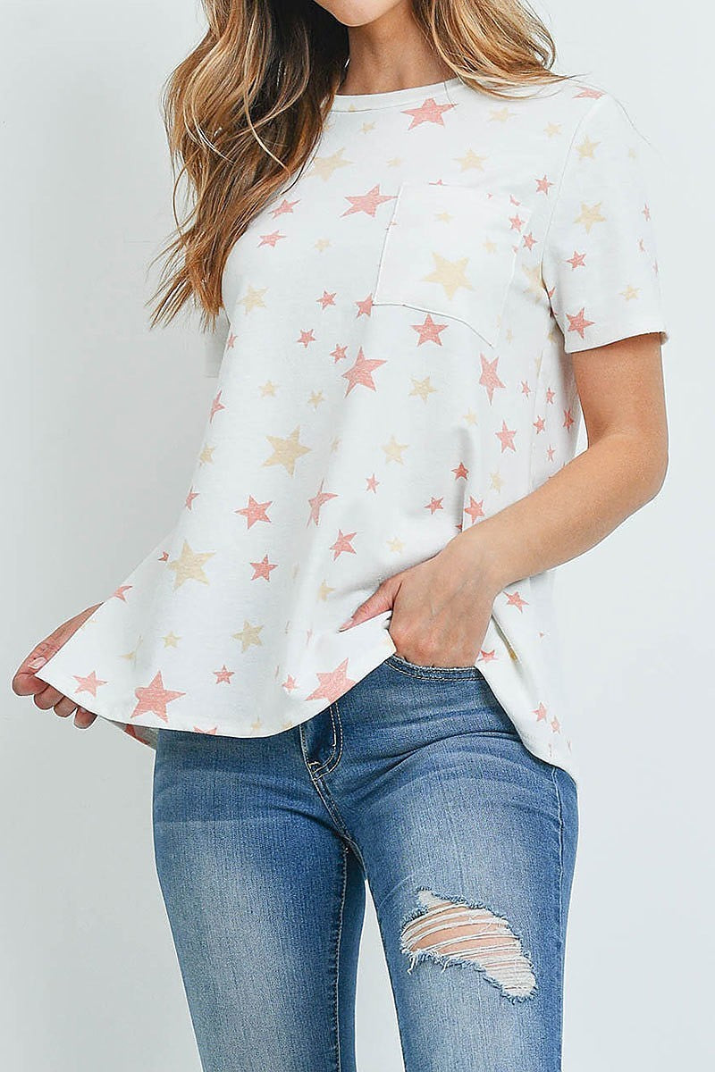 Star print short sleeves round neck top (ED9029)