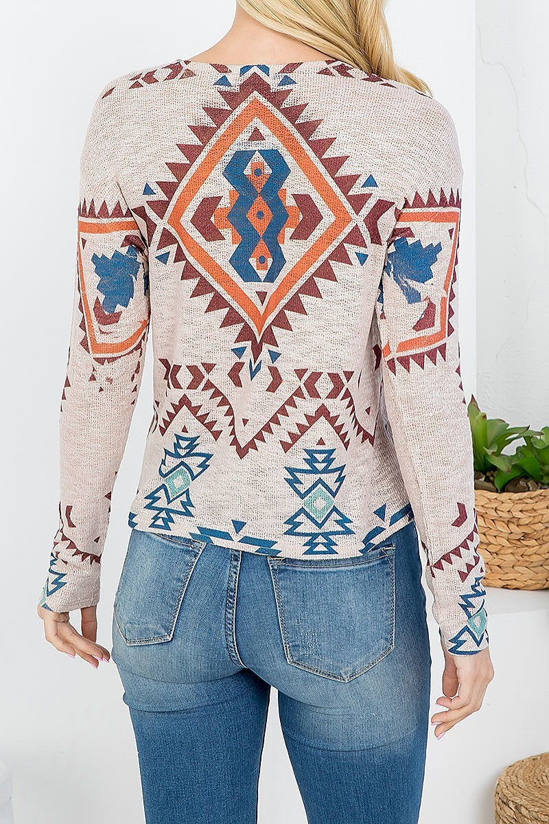 Aztec print v neckline long sleeve knitted top (EF3672)