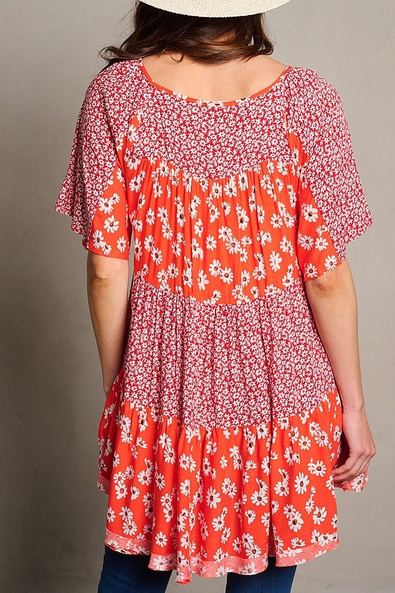 Short sleeve floral pockets tunic blouse top (EGWT2015)