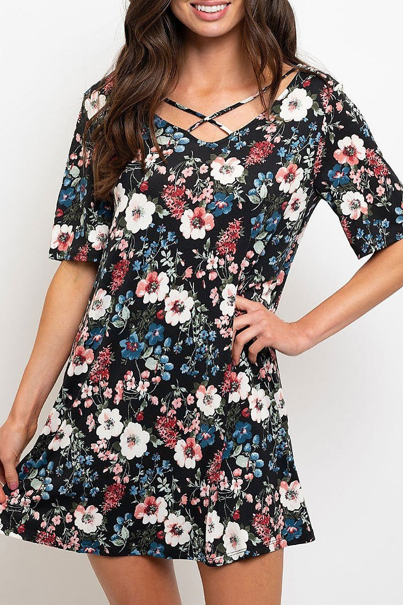 Crisscross neck floral print mini dress (EDWT2233)