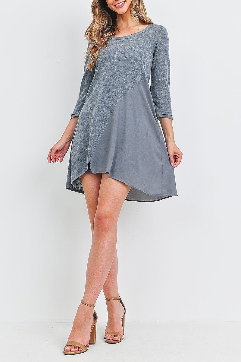 Mix fabric asymmetrical hem tunic dress (DED6419-1)