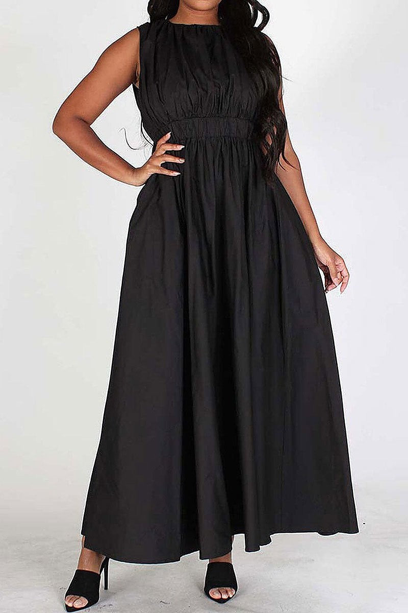 Removable sleeves elastic waist pockets maxi dress (EFWT4303)