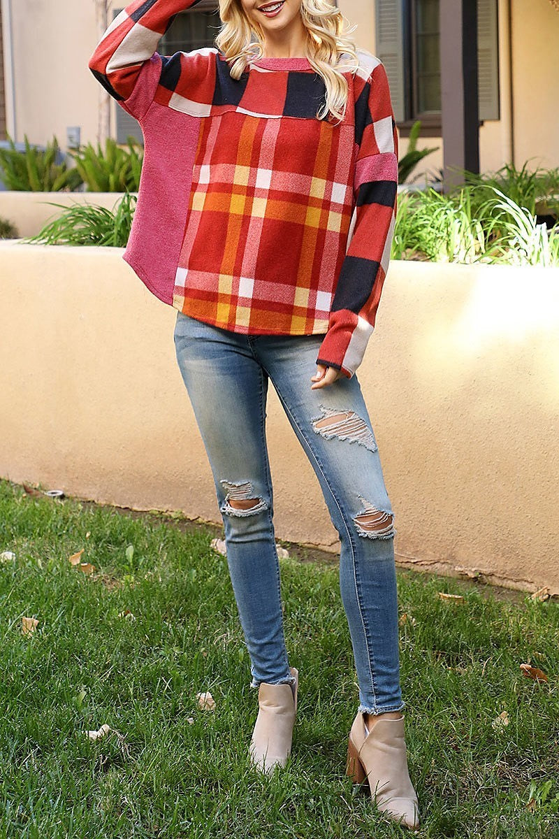 Long sleeve plaid top (EF6935)