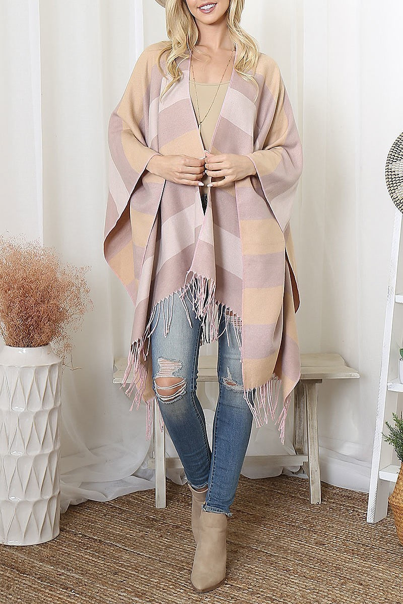 Tripe print open front fringe kimono (DGS6096)