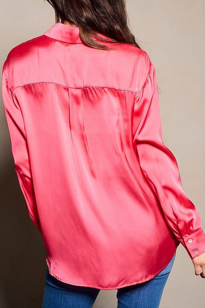 Long sleeve button closure satin blouse top (EGWT1451)