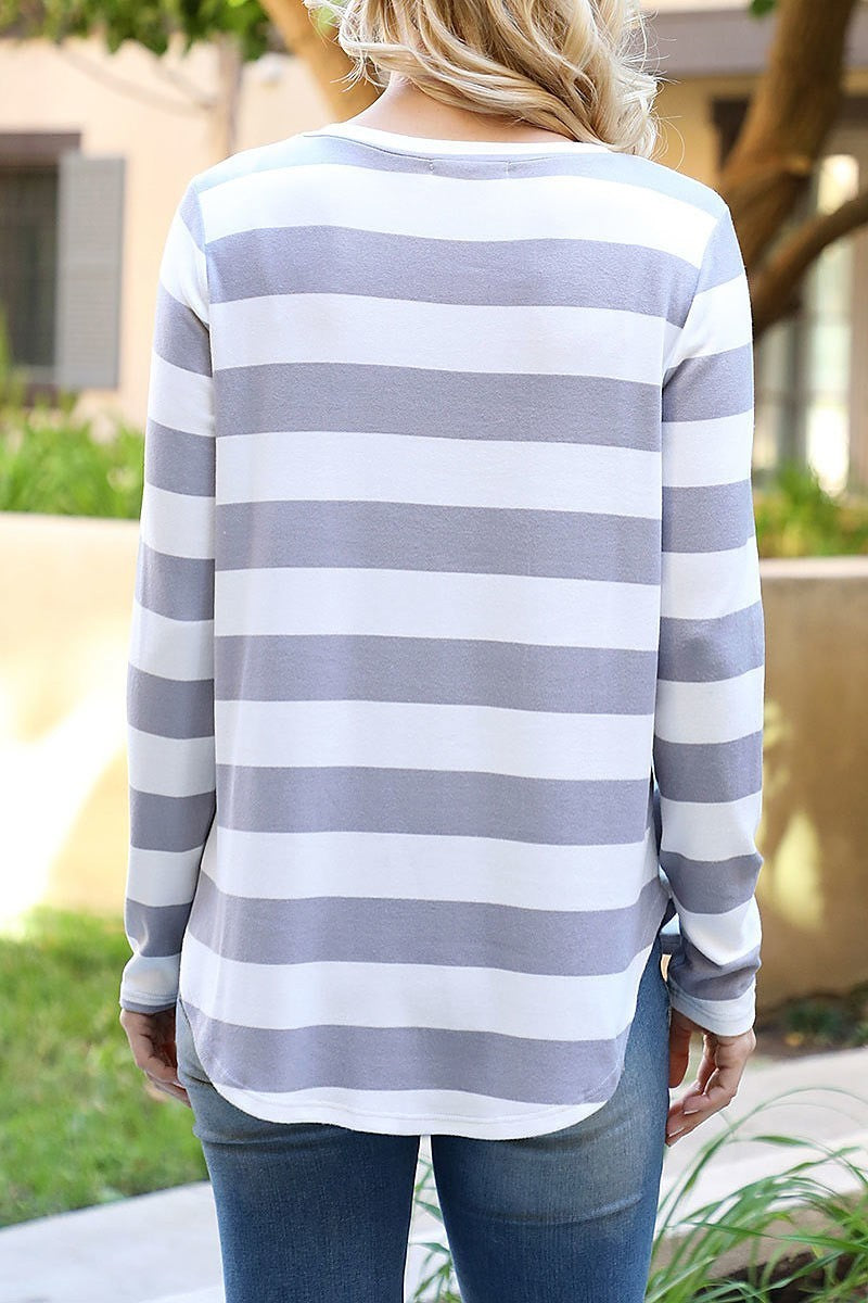 Long sleeve dolphin hem bold stripes top (EF6949)