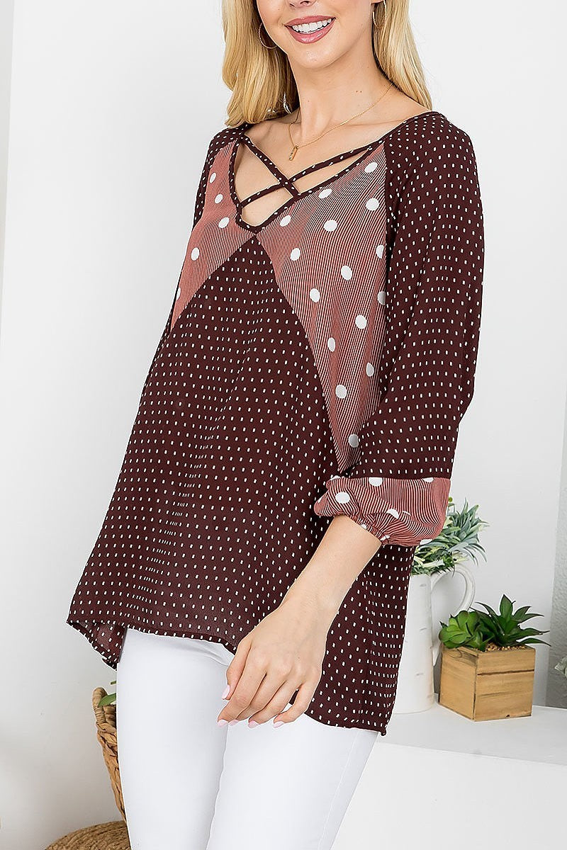 Mix polka dot print crisscrossed neck loose fit top (EF4221)