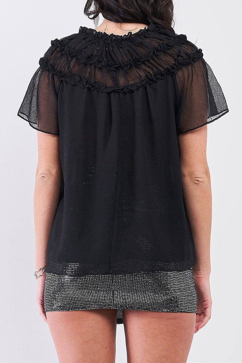 Short angel sleeve ruffle detail top (TDG7962)