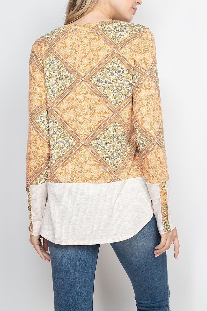 Button detail sleeve tile floral top with sequin pocket (EF2002)