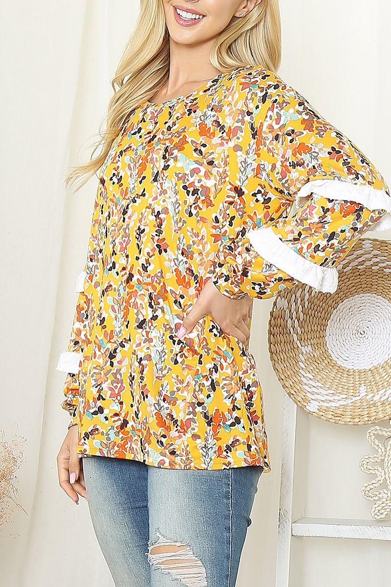 Long sleeve swiss dot ruffle detail floral top (EF6292)