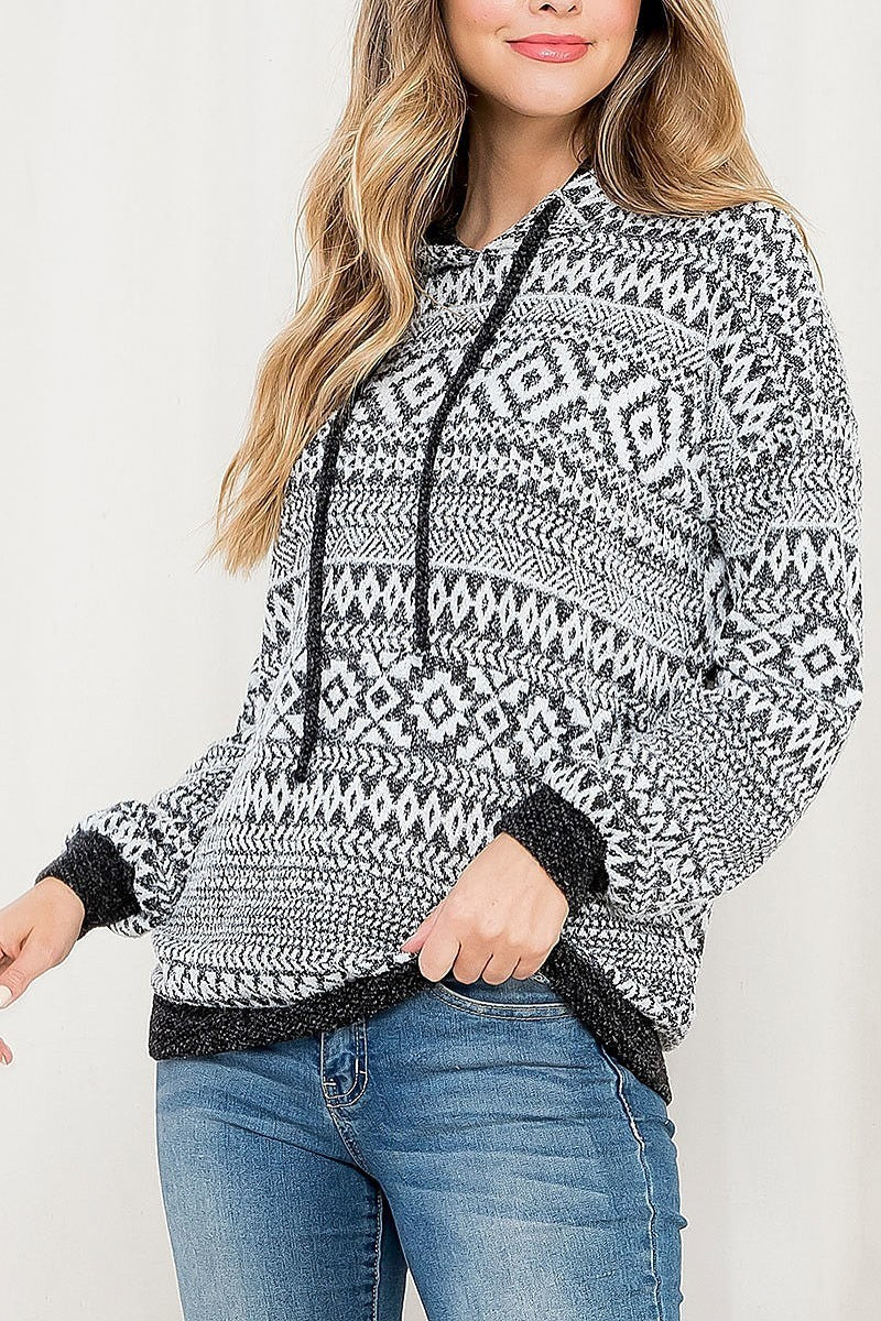 Aztec print long sleeve hacci brush hoodie (EF2823)