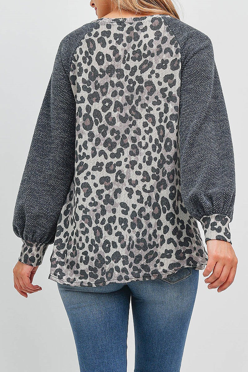 Rib puff sleeves drake leopard top (EF1874)